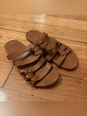 Beek Blackbird Slide Sandals Cognac Tan Leather Size 7 Anthropologie